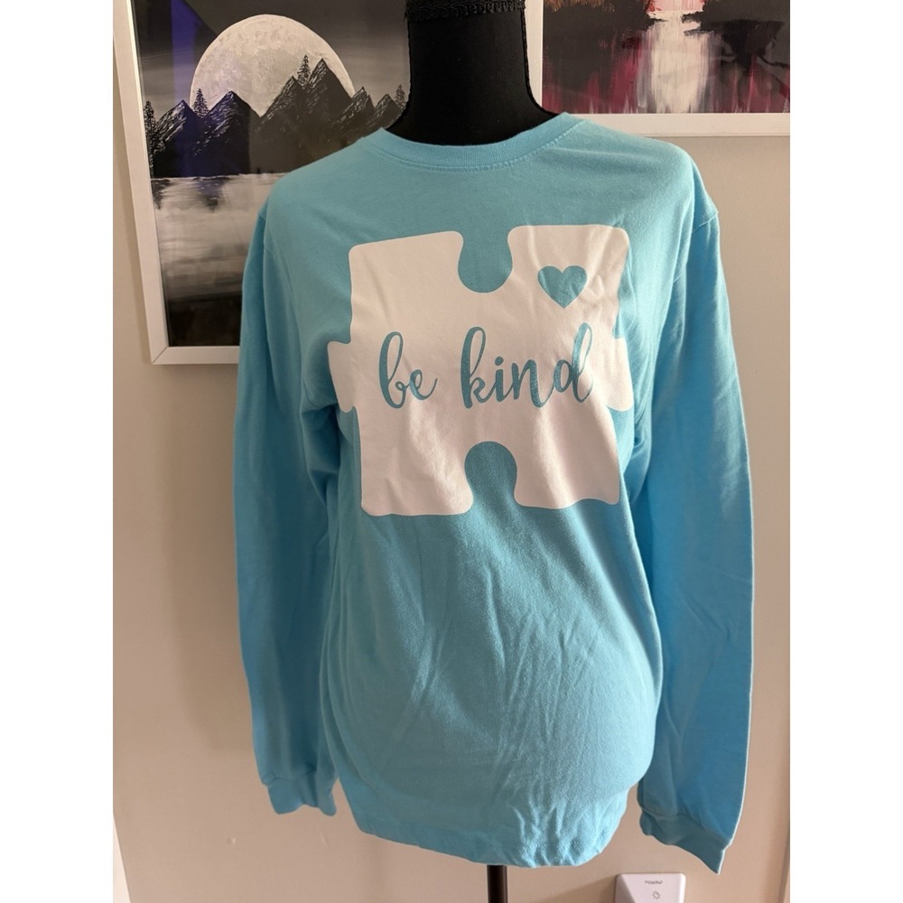 Autism Speaks Be Kind Puzzle Piece Graphic Jersey Long Sleeve Top Blue Size S